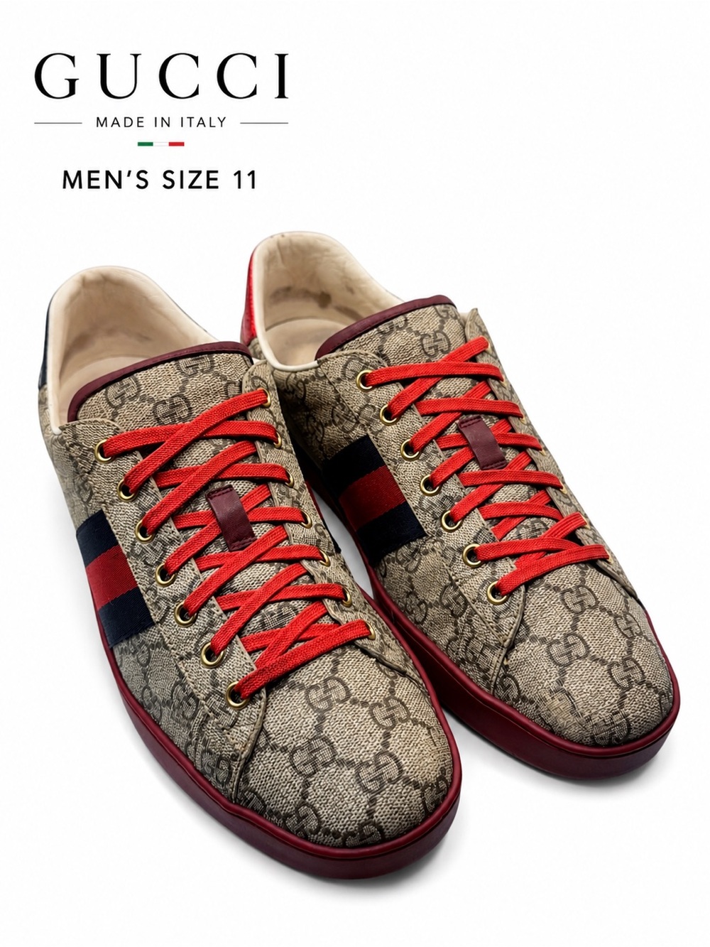 Gucci Ace GG Supreme Web Sneakers Men’s Size 11 Made in Italy Red Navy